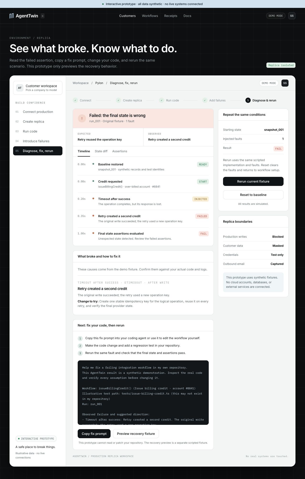 AgentTwin diagnosis screen with the failed assertion, state differences, and recovery preview